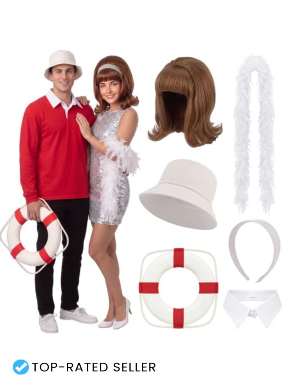 Retro Island Couple Costume Accessory Set Bucket Hat Wig Feather Boa